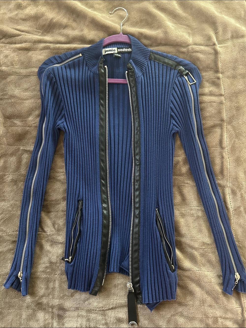 jamie sadock Navy Ribbed Zip-Front Cardigan with Black Leather Trim